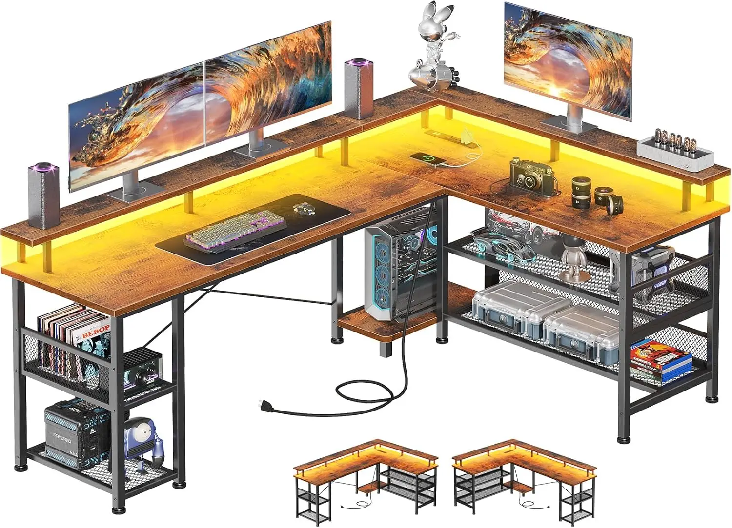 

66" L Shaped Gaming Desk with Power Outlet and LED Lights PC Gaming Table with USB Ports Reversible L Shape Desk with Storage