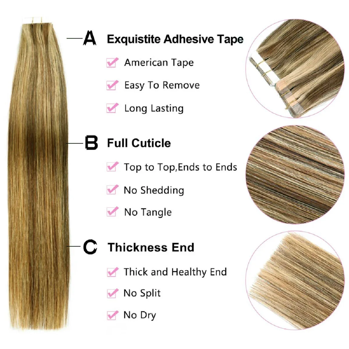 20Pcs Tape-In Hair Extensions 100% Remy Human Hair Straight Highlight Piano Color for Women Adding Length And Volume 50g