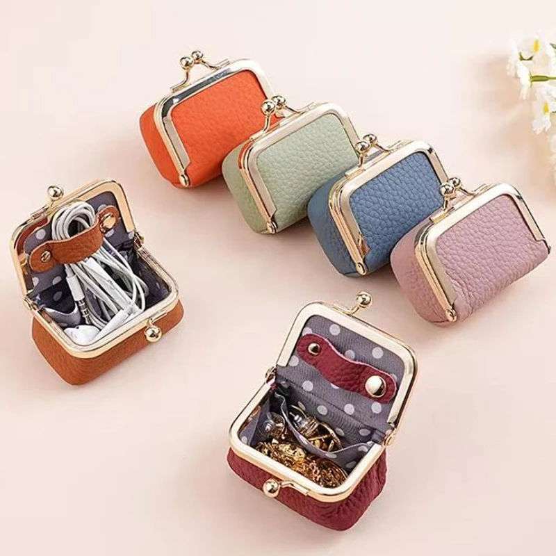 

Wallet Genuine Leather Kiss Lock Coin Purse Solid Color Square Leather Jewelry Bag Multifunctional Mini Small Item Bag Earrings