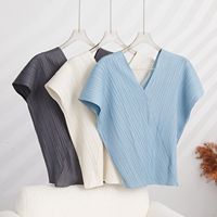 Cross V-neck Striped Short Sleeve Shirt Women Elegant Waisted Slimming Shirt Female Summer Korean Office Lady Chic Clothing