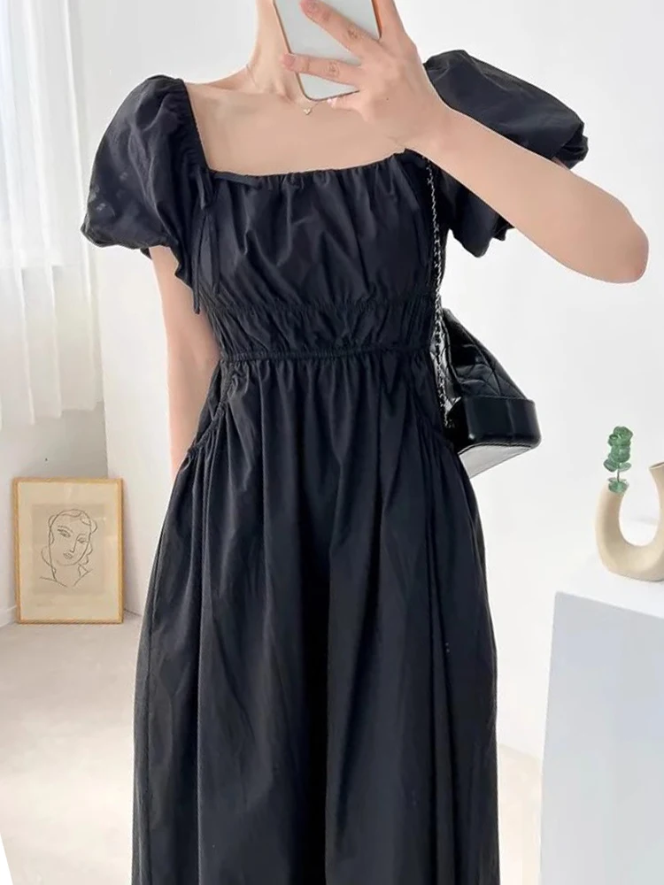 Chic Summer Sweet T Dr with Bowknot Bubble Sve Gathered Waist Slimming Women's Faion Korean Sle High Waist Long...