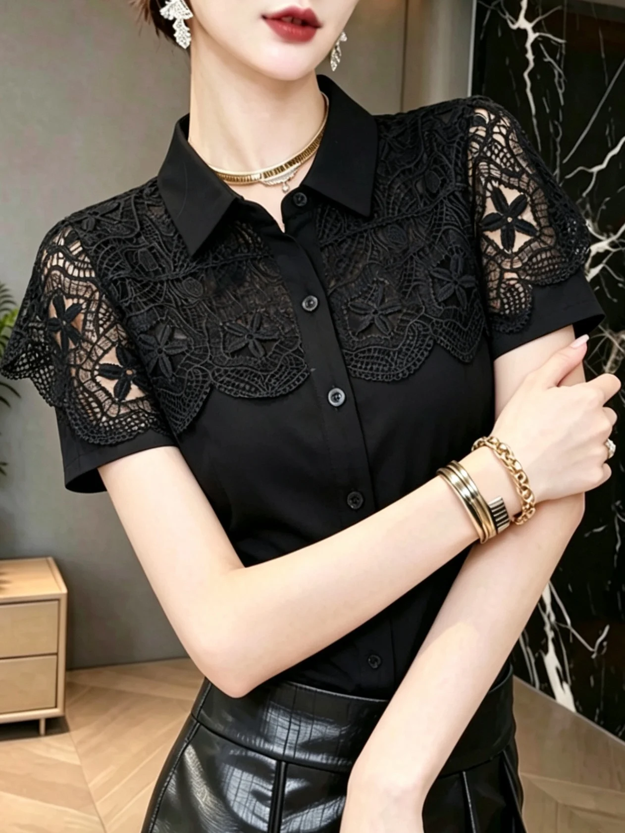Summer Women's Lace Splice Short Sleeve Shirt Stand Collar Slimming Fashionable Top Korean Style Commute Wind Universal Fit