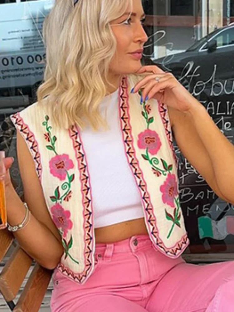 Chaleco Corto con bordado Floral para mujer, cárdigan corto sin mangas con cuello en V, Tops de moda para fiesta, verano 2024