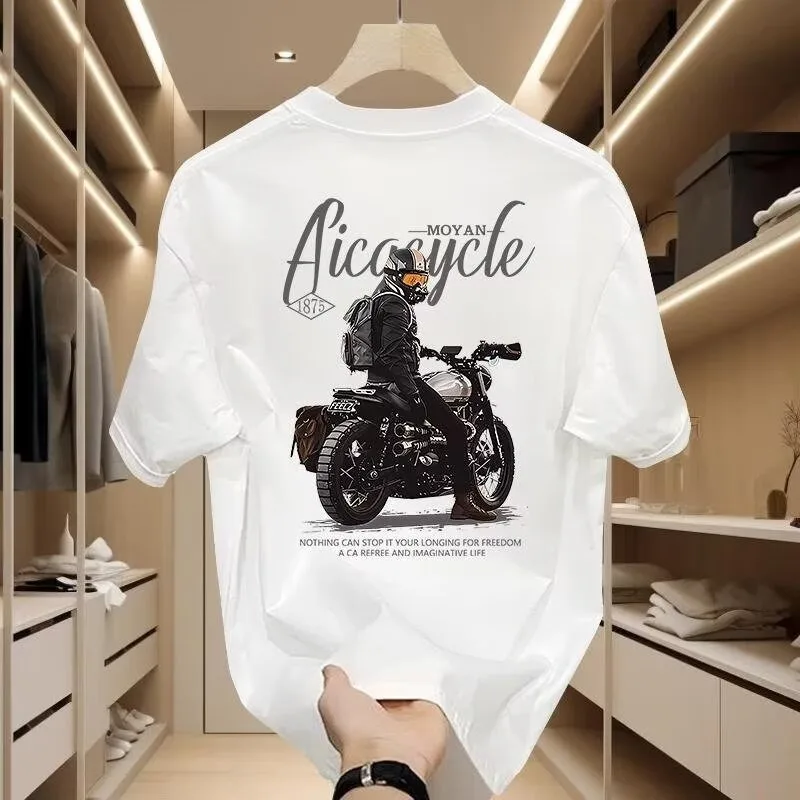 

Men's motorcycle style printed T-shirt 2025 new summer 100% cotton trendy casual loose breathable round neck short-sleeved top