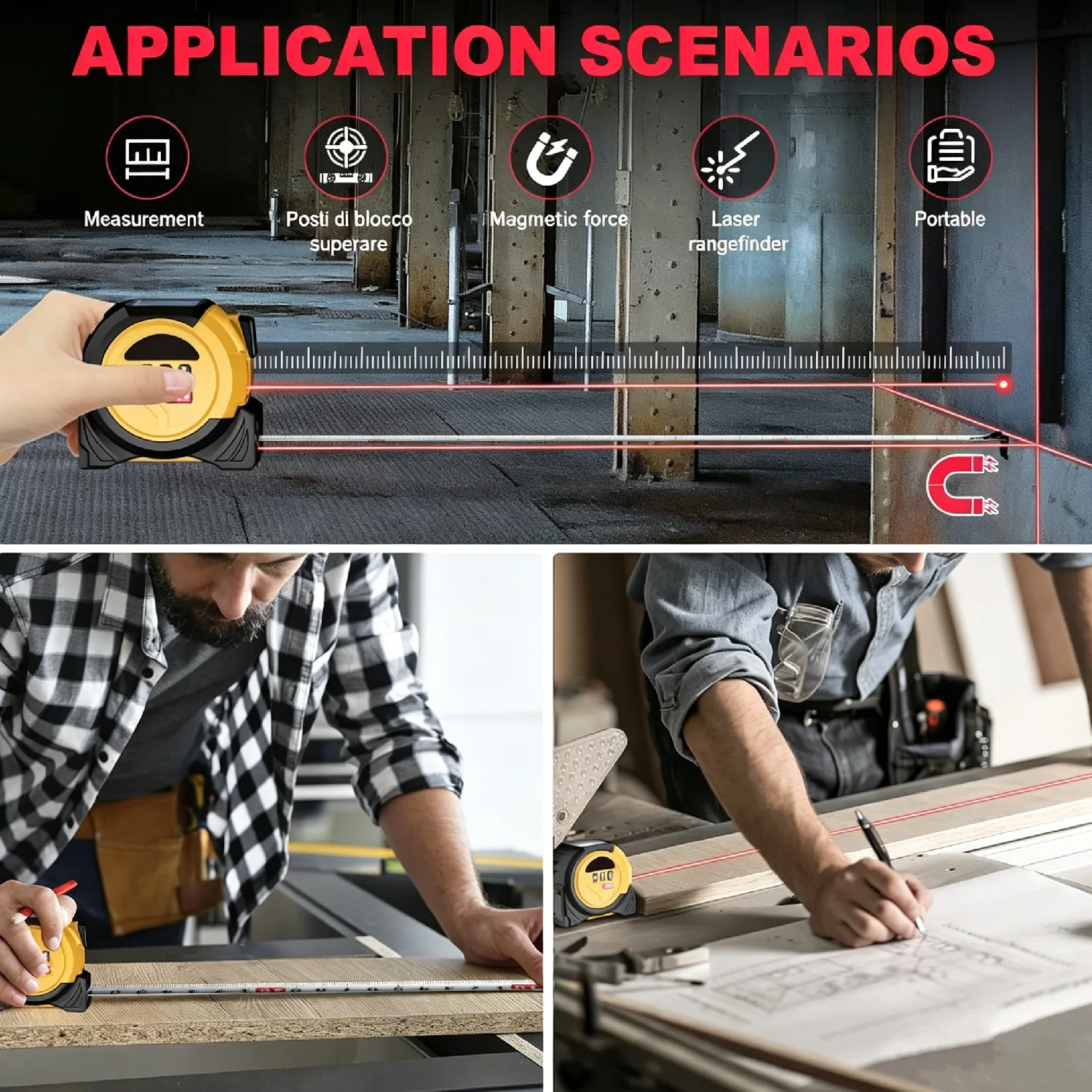 3-in-1 Laser Tape Measure, 40m Laser Rangefinder + 5m Tape, Multi-Mode M/in/Ft, for Pythagorean, Distance, Area & Volume view 4