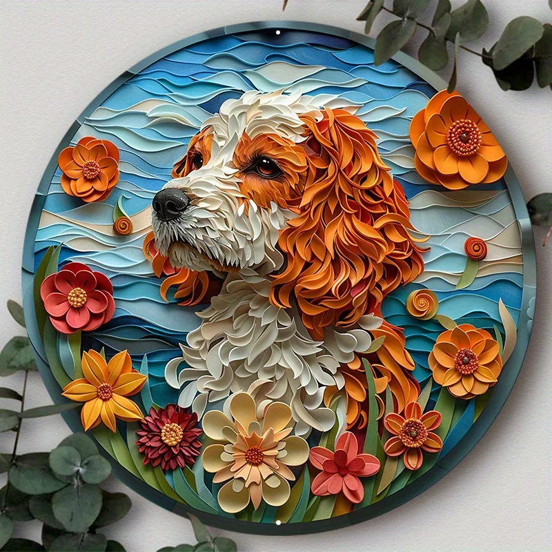 

2D Flat Print Pet Dog Themed Wreath Sign, Round Aluminum Metal Decor for Home, Apartment, Wall Decoration, Holiday Gift