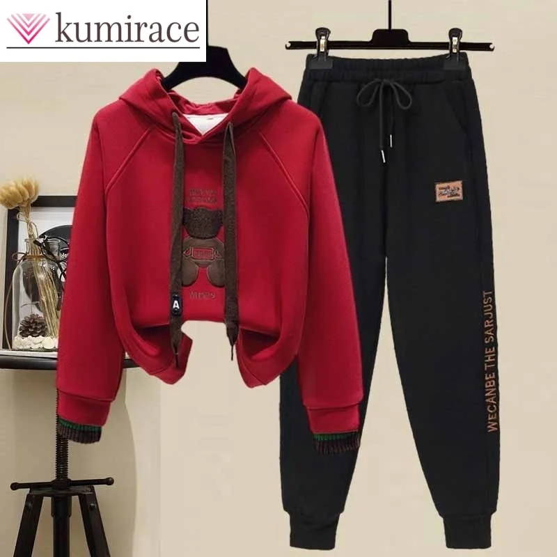 

Plush and Thick Cartoon Bear Long Sleeve Hoodie Casual Sports Pants Two Piece Elegant Women's Pants Set