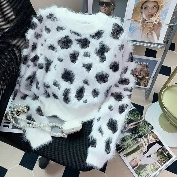 Restore ancient ways leopard mink fur garment female wear soft waxy show thin round collar short paragraph long-sleeved sweater