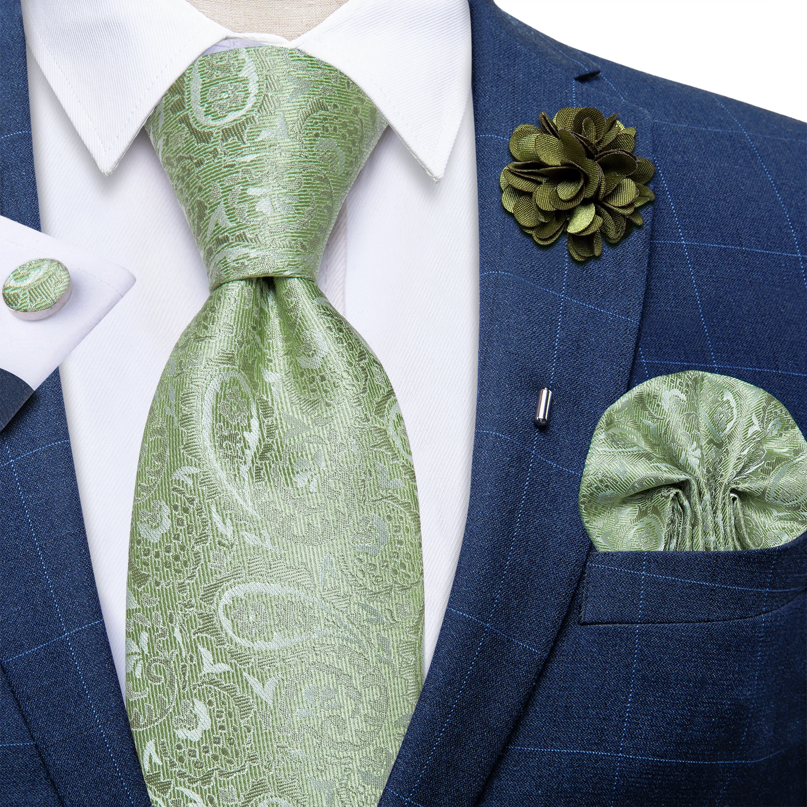 Men Tie with Brooch Pin Sage Green Beige Purple Blue Paisley Polyester 8cm Ties for Men Wedding Prom Groom Accessories Gift