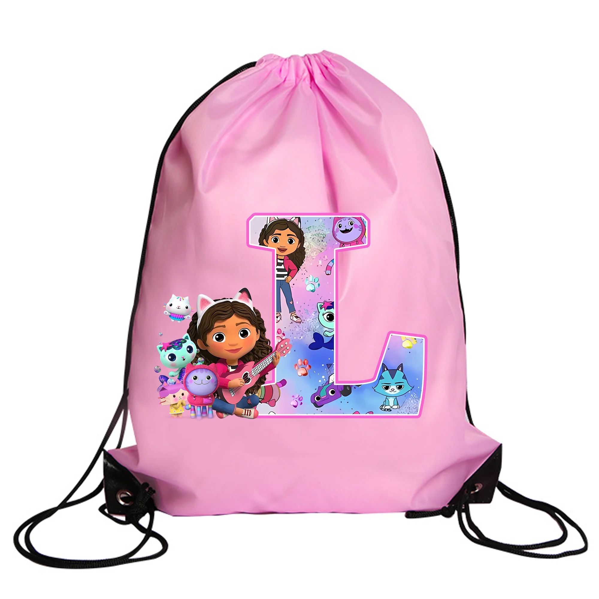 Gabby's Dollhouse Drawstring Bag, Bolsas de Cordas para Meninas, Piscina, Roupas, Armazenamento de Sapatos, Embalagem Impermeável, Mochila Rosa