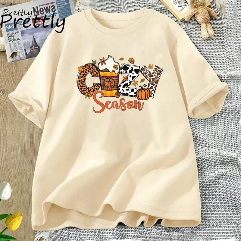 Cozy Season Fall Halloween T Shirt Autumn Thanksgiving Retro Cotton Short Sleeve T-shirt Pumkin Season Graphic T Shirts