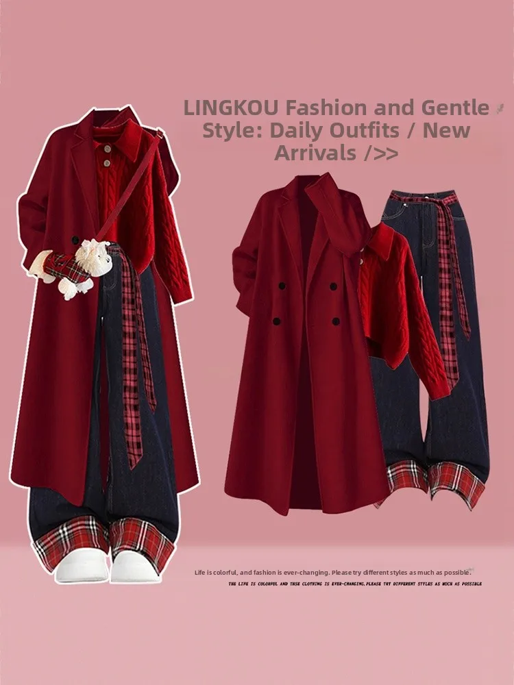 

Зимний наряд Ele больших размеров, женские новогодние майки, красный джинсовый вязаный топ, утягивающий винтажный джинсовый комплект из футболки