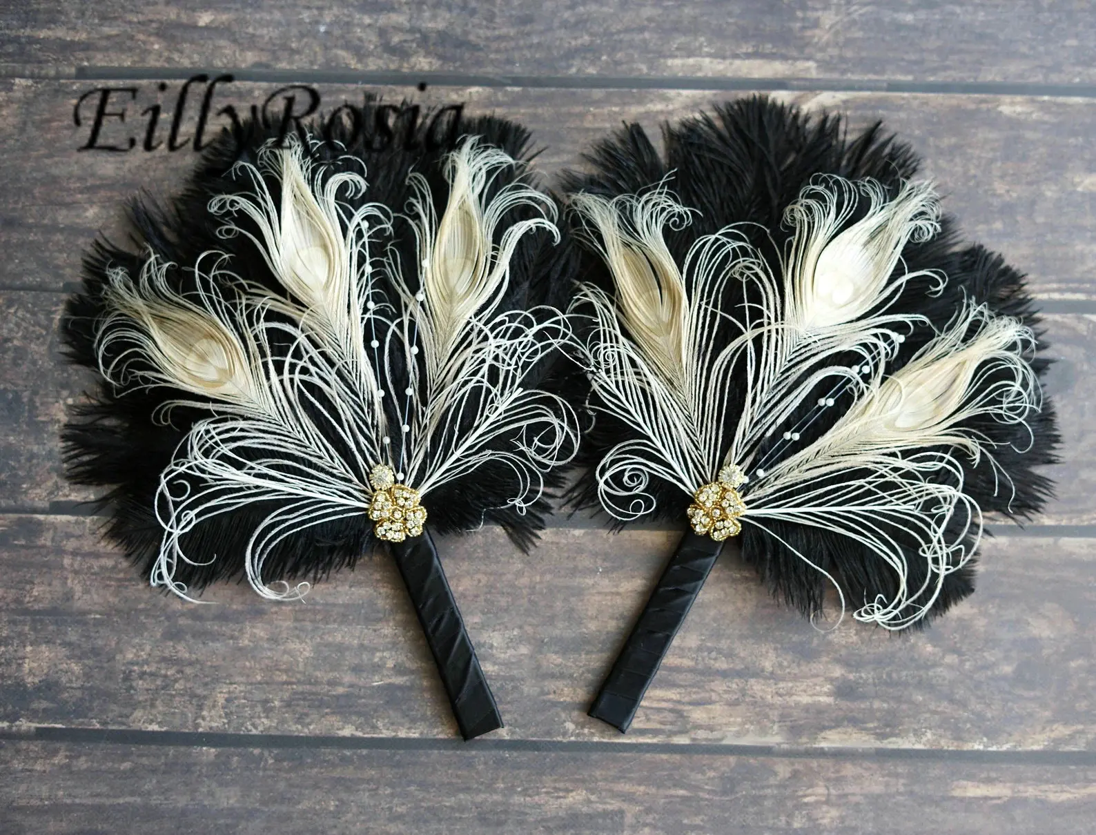 EillyRosia Brooch Black Wedding Feather Fan Gatsby Theme Bridal Bouquet Engagement Hand Fan Brides Roaring 1920's Bouquet