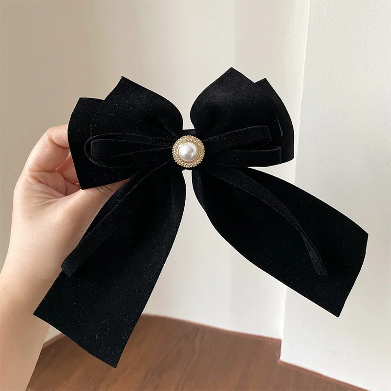 Elegant Vintage Velvet Bow Pearl Hairpins with Fabric Alloy Clips for Girls Ponytail Barrette Headwear Accessories image 5