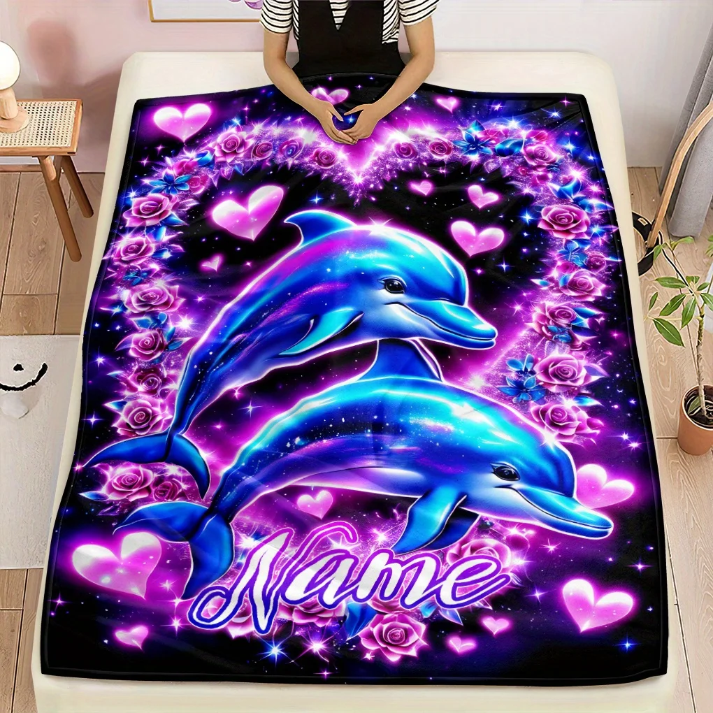 1pc Personalized and luxurious dolphin flannel blanket, suitable for all seasons, lightweight knitted fabric, fantasy theme