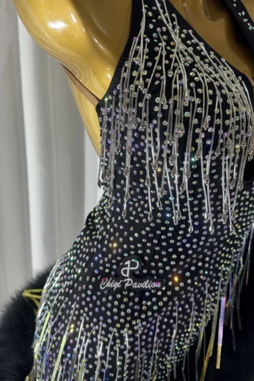 Robe noire à franges pour danse latine, Costume de compétition Sexy, vêtements d'entraînement, jupe courte, Costume de soirée pour adultes, personnalisé