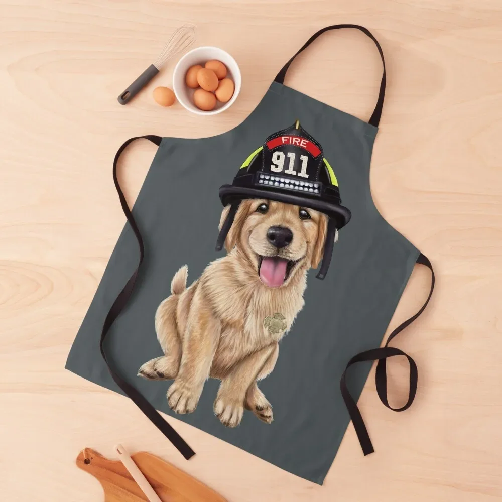 

Golden Retriever puppy in a firefighter hat Apron Teacher Kitchen New 2022 Year Apron