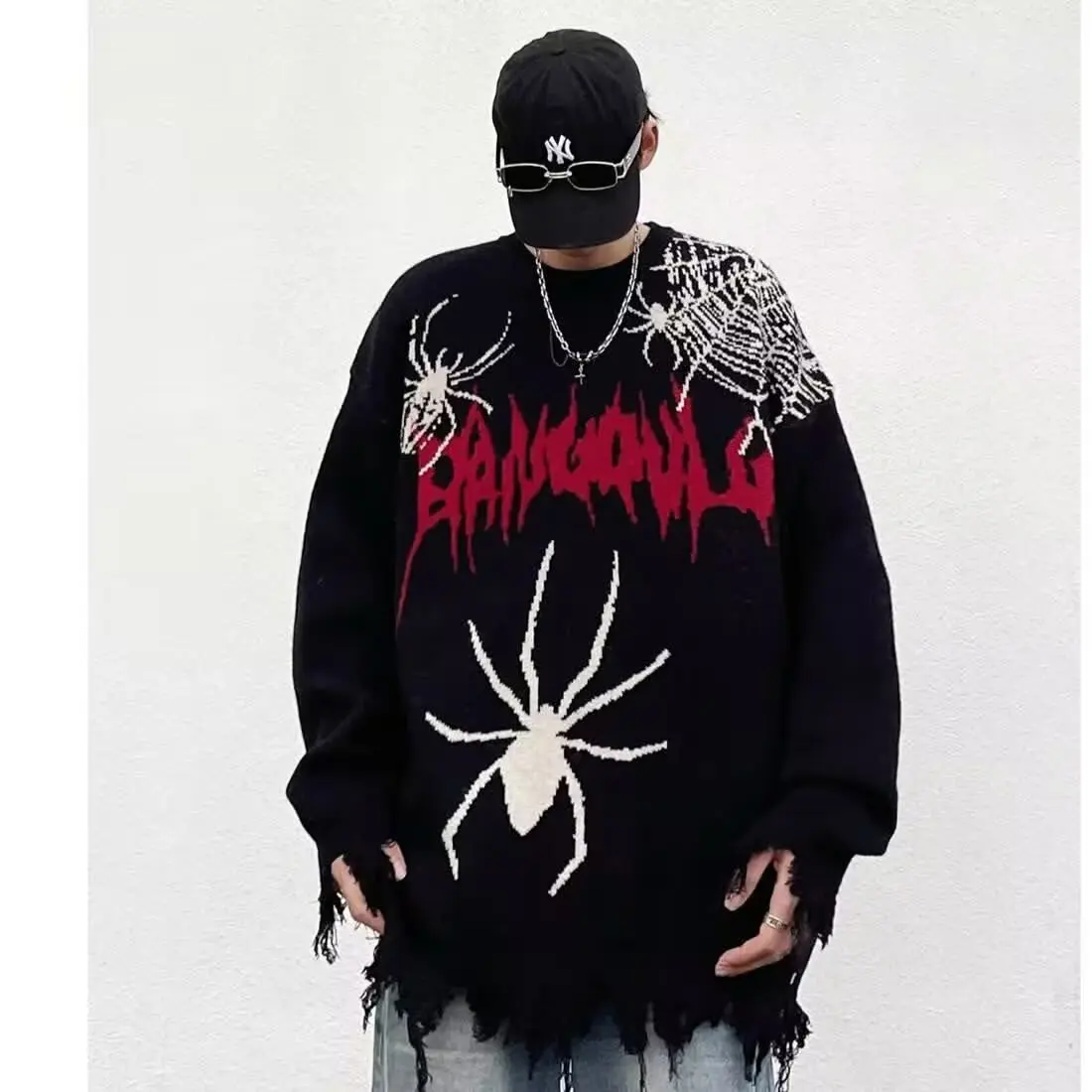 

Loose Spider Knitted Sweater Men's Autumn Winter Street Sle Casual Faion round Ne Animal Pattern Design Couple's Sweater