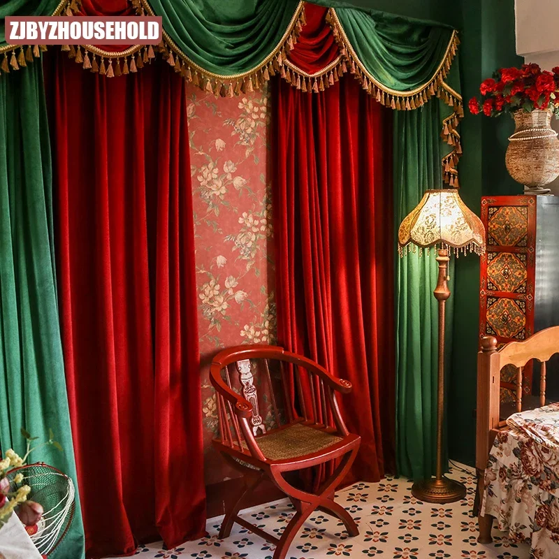 Luxury European-style Solid Color Curtains for Living Room High-end Velvet Villa Bedroom Window Stitching Red Green Christmas