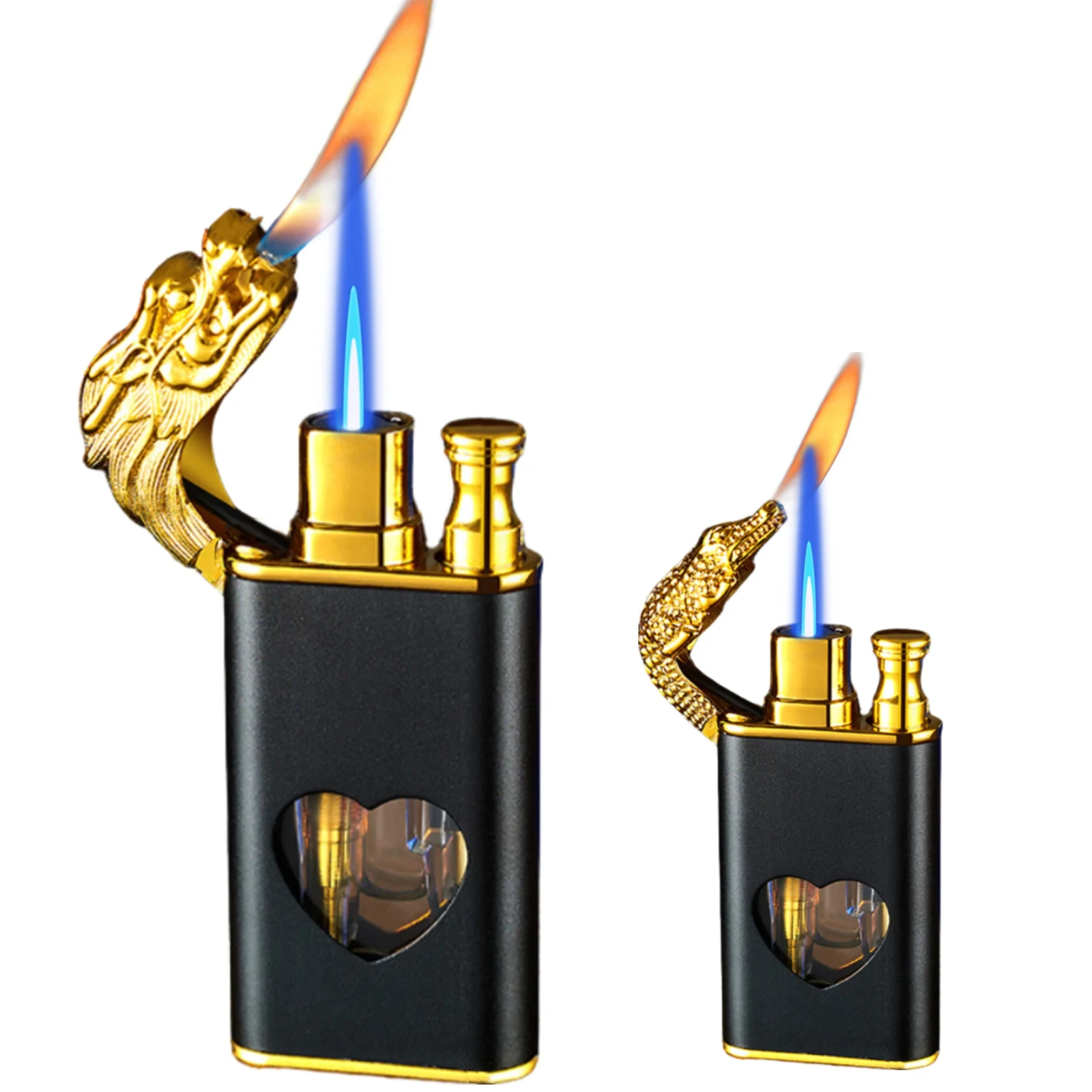 

Metal Double Flame Visible Gas Window Lighter Windproof Double Flame Conversion Inflatable Butane Crocodile Lighter Men's Gift