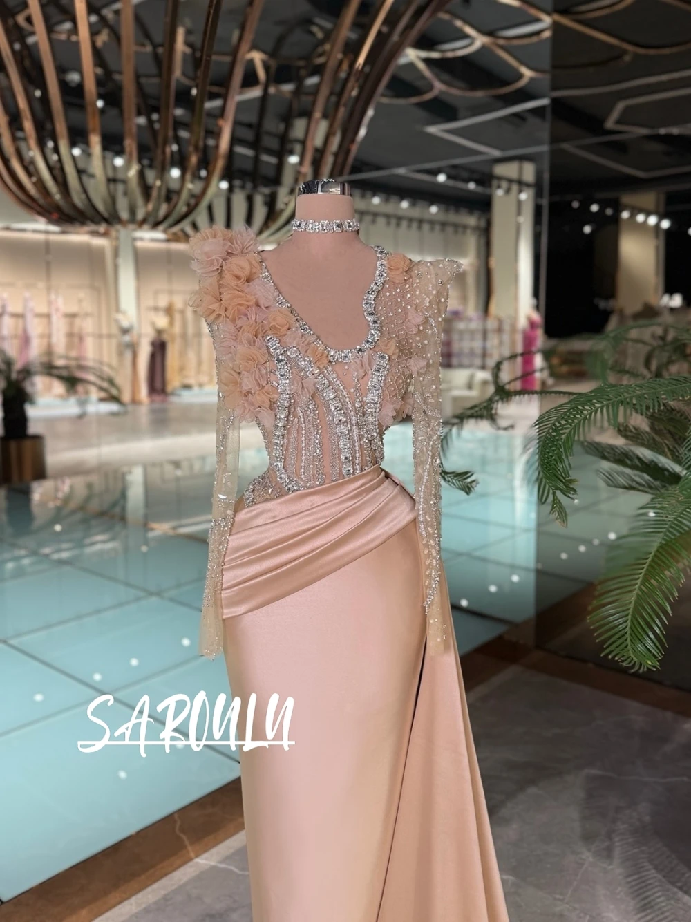 

Beaded Long Sleeved Evening Dress With Side Tail Classy Intricate Floral Ruched Satin Prom Gown Customized Celebrity Galas Wear