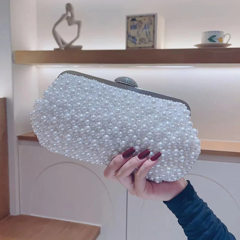 Vintage Beaded Messenger Evening Bag for Women,Imitation Pearl Shell Shoulder Purse,Elegant Diamond Clutch for Wedding and Party