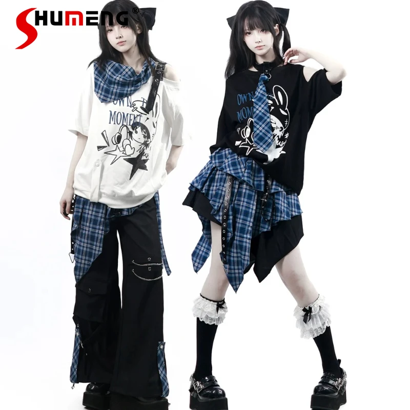 

Summer Short-sleeved Style Blue Grids Contrast Color Casual Slimming Top Pants Japanese Style Y2k Clothes Black T-shirt Pullover
