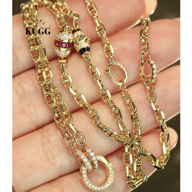 KUGG 100% 18K Yellow Gold Necklace Fashion Design Luxury Diamond Natural Ruby Universal Clasp Necklace for Women Fine Jewelry