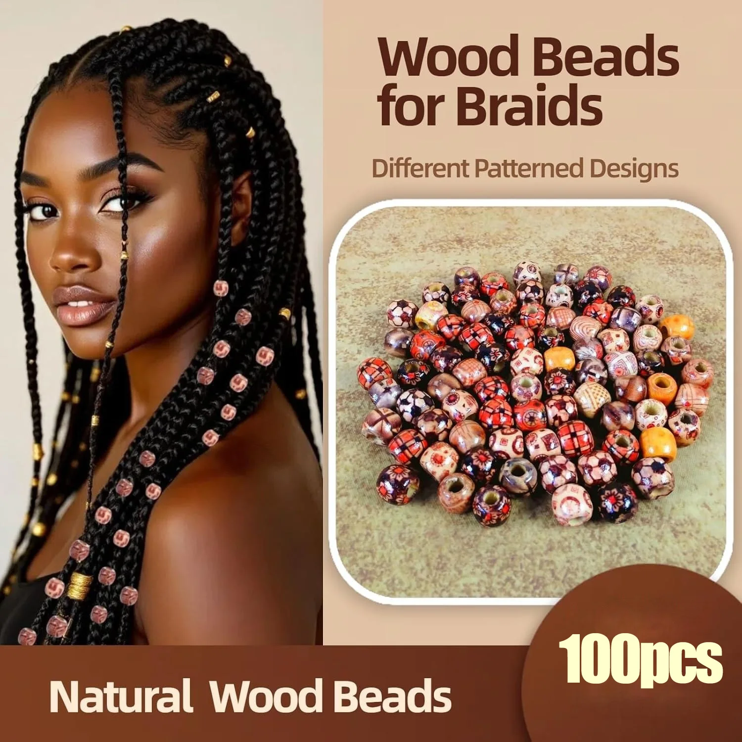 100 قطعة من خرز الشعر الخشبي للضفائر والمجدل، خرز خشبي طبيعي مطلي 12 مم لإكسسوارات شعر Loc Dreadlock للنساء #2