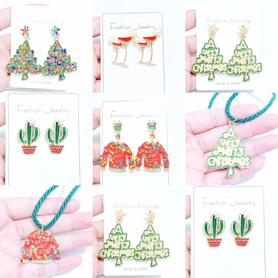 Glitter Alloy Christmas Tree Sweater Studs Earrings for Women Rhinestone Cactus Wine Glasses Neon Lamp Pendant Ear Rings Jewelry