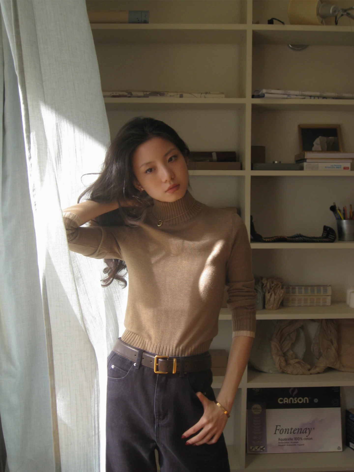 

Red Nail Women's High Collar Long Sve Knitted Sweater Base Layer Top Casual Sle Contrast Color Knitwear for Winter