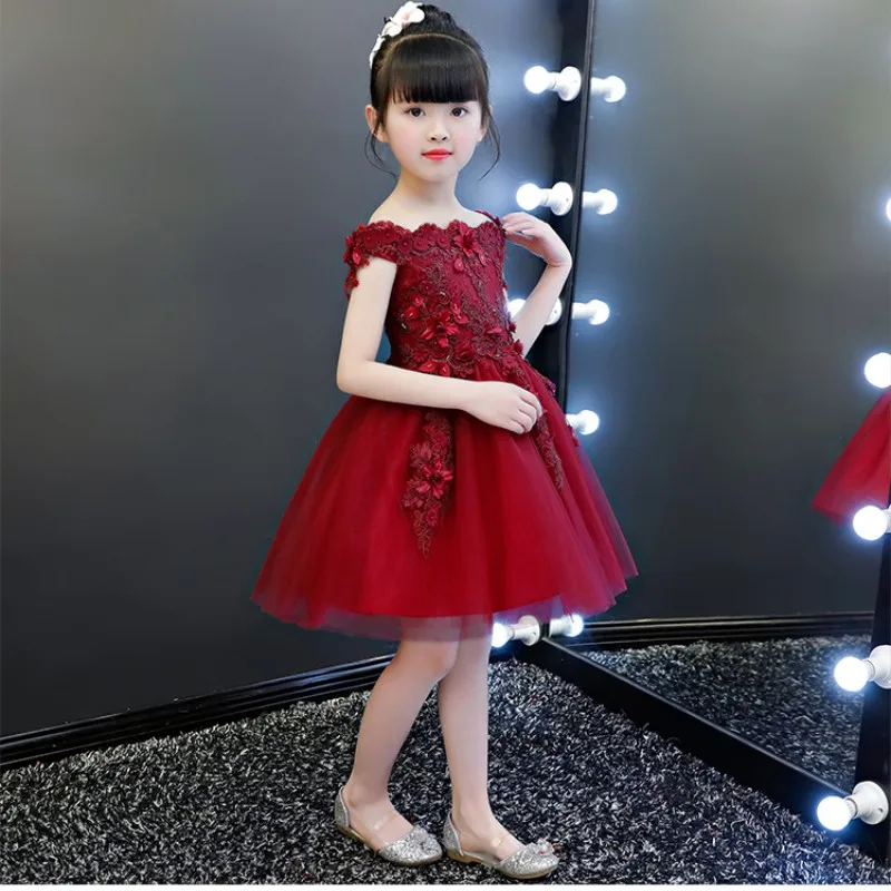 New Girl Wedding Dress Elegant Red Lace Shoulderless First communion Dresses Girl Party Princess Flower Girl Vestidos