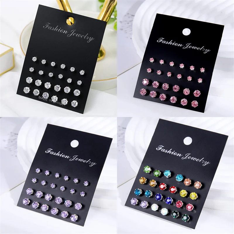 12 Pairs Shiny Zircon Stud Earrings Set for Women Men Daily Versatile Chic Silver Color Crystal Ear Jewelry Accessories