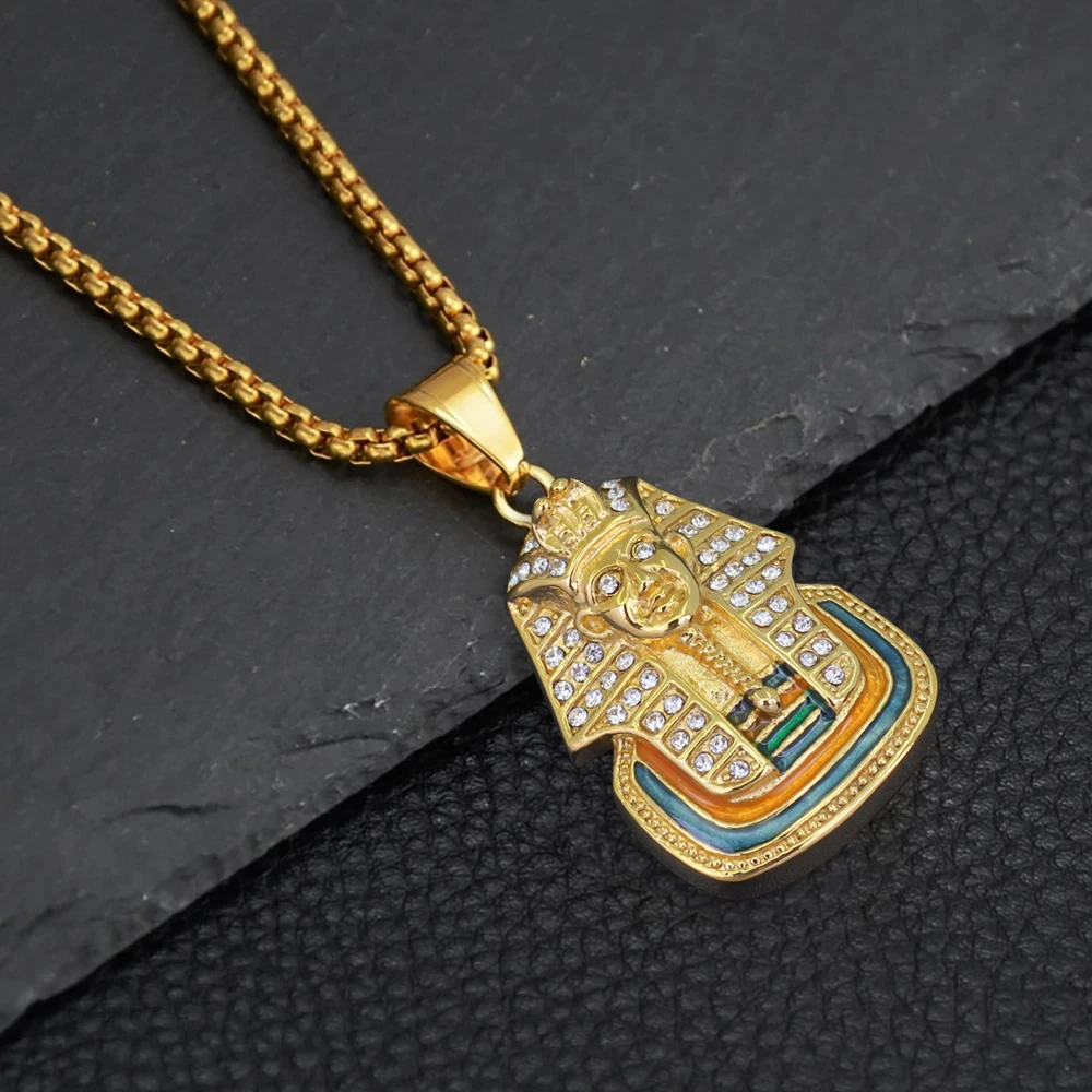 Egyptian Iced Out Bling Pharaoh Pendant Necklaces Male Gold Color Stainless Steel Necklace For Women Men Egypt Jewelry Gift