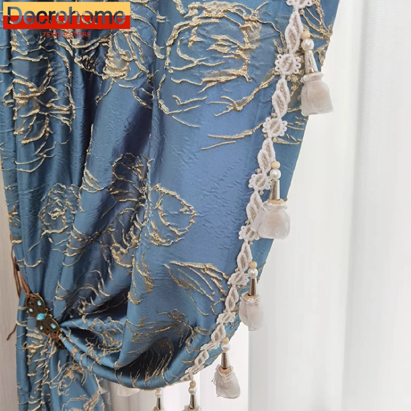 

Blue Gold Jacquard Rose Relief Thickened Curtains for Living Room Bedroom French Window Balcony Villa Finished Partition