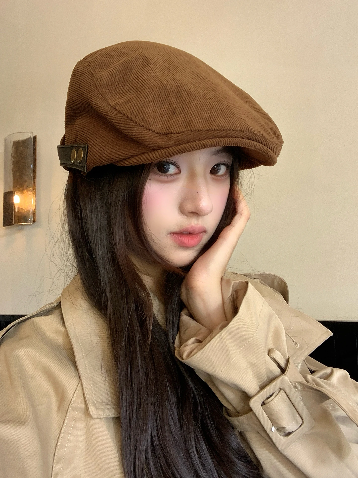 Retro Corduroy Beret Hat Women Early Autumn Fashion Small Face Painter Capsule Adjustable round Top Short Brim Casual Hat