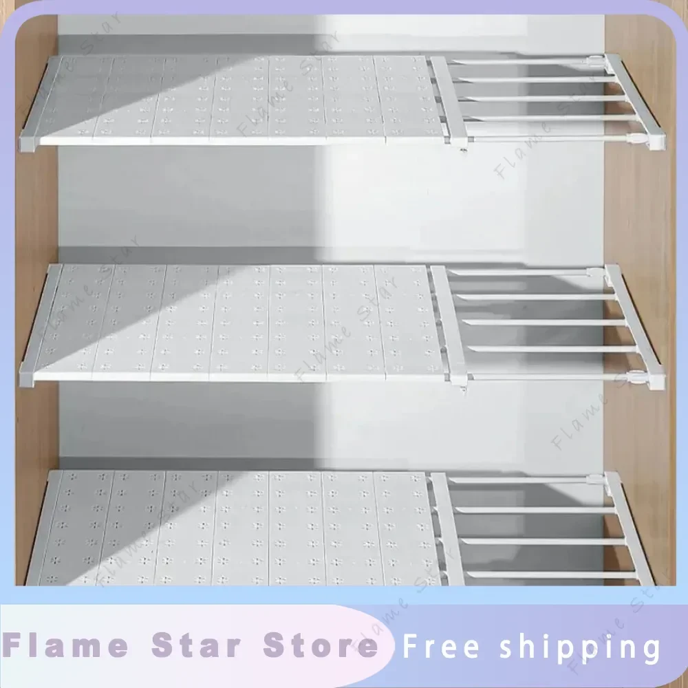Adjustable Storage Rack Extendable Closet Shelf Closet Tension Rod Storage Organizer Shelf DIY Wardrobe Divider for Cabinet Tool