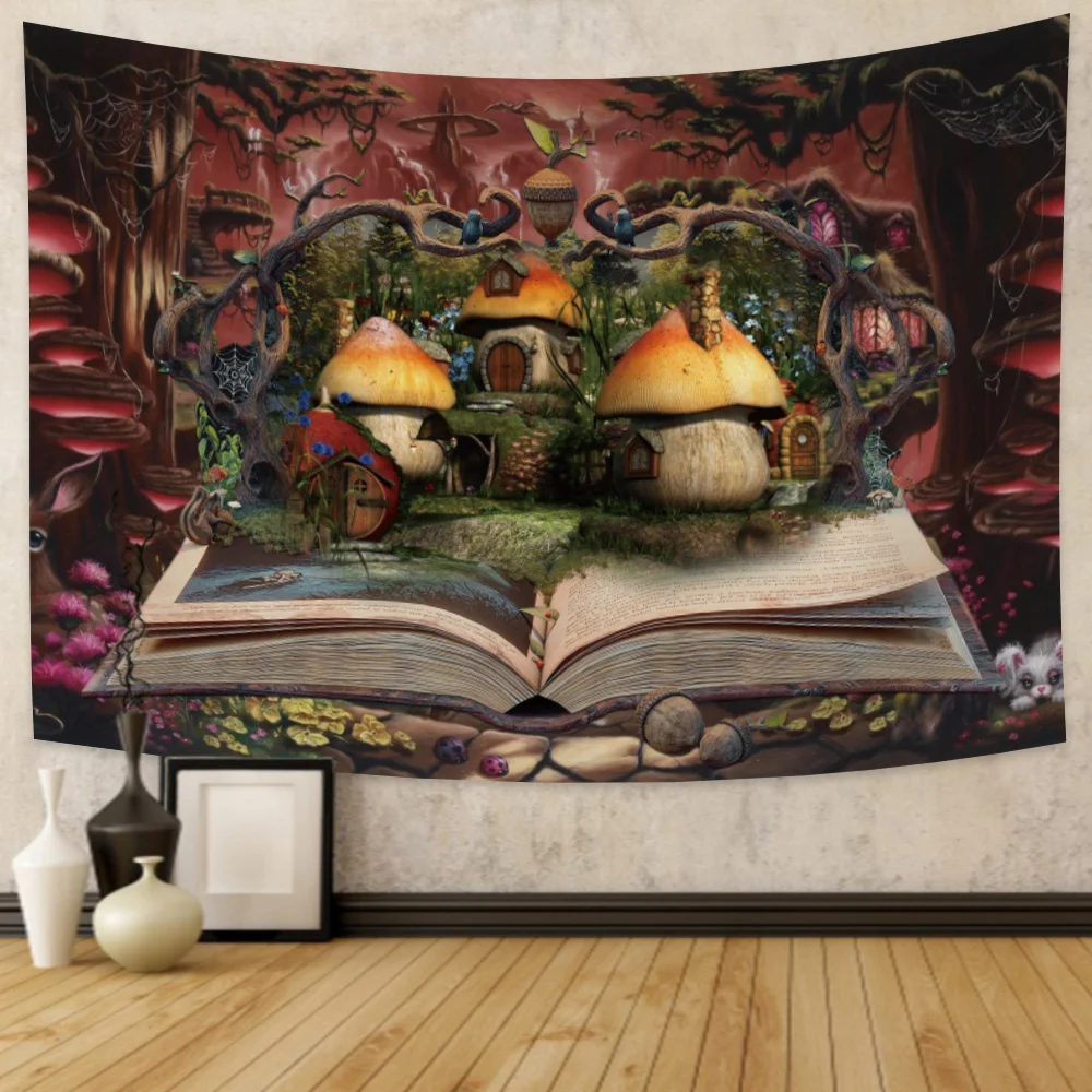 Fantasy Forest Tapestry Enchanted Mushroom Tapestry Fairytale Magical Wonderland Tree House Tapestries Wall Hanging Art for Kids