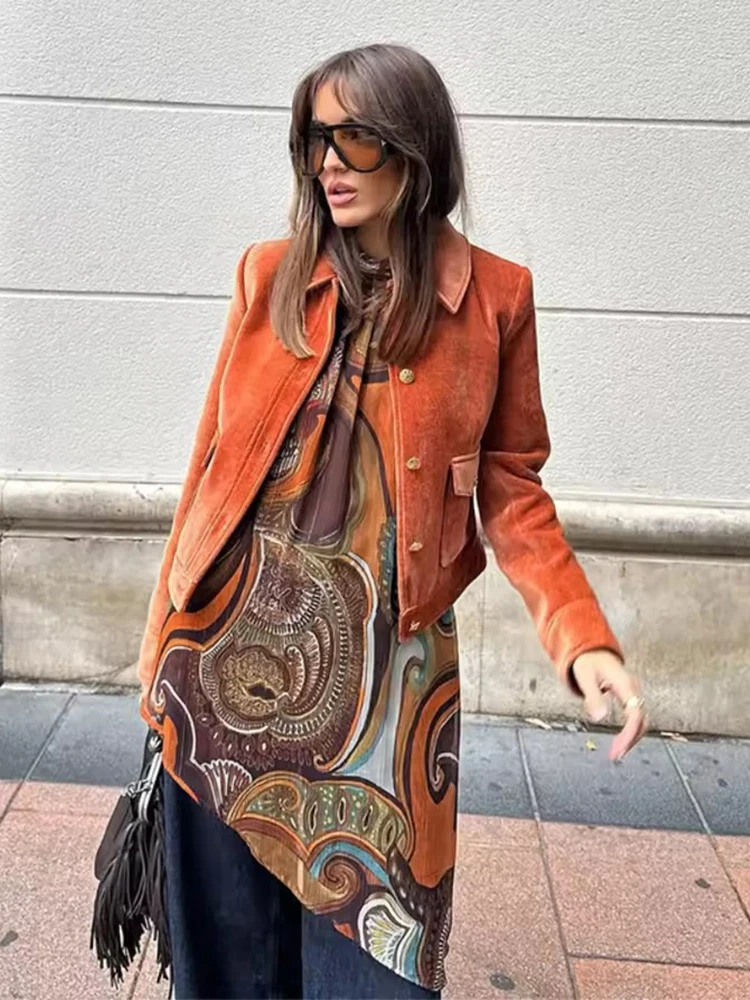 

2026 весенне-осенняя женская уличная куртка с длинным рукавом на пуговицах, оранжевые замшевые куртки для женщин, повседневная новая верхняя одежда