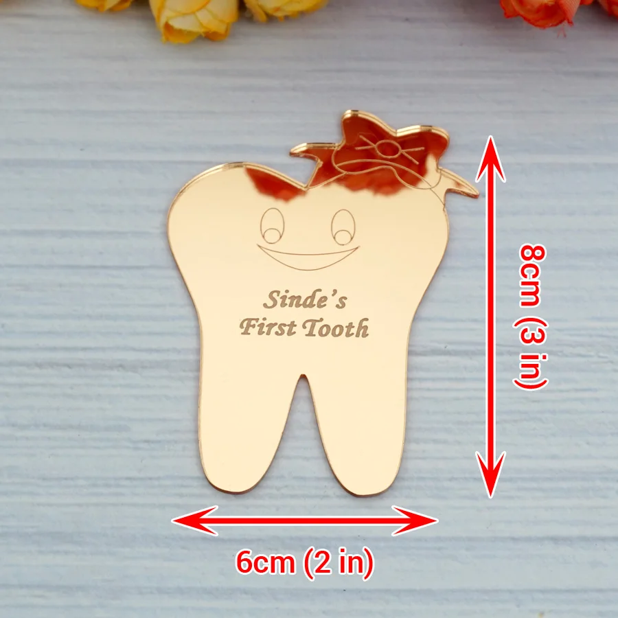 사용자 정의 8x6cm 귀여운 아기 첫 번째 치아 태그 아크릴 거울 개인화 된 초대장 Babyshower 기념일 파티 선물 장식