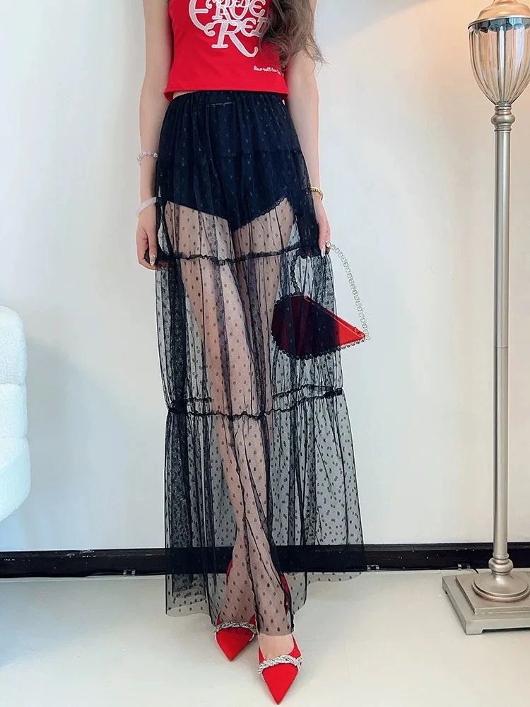 Y2K Korean Style Fashion Floor-Length Long Skirt Summer A-Line Mesh See Through polka Dot Skirt Women High Waist Lace Maxi Skirt