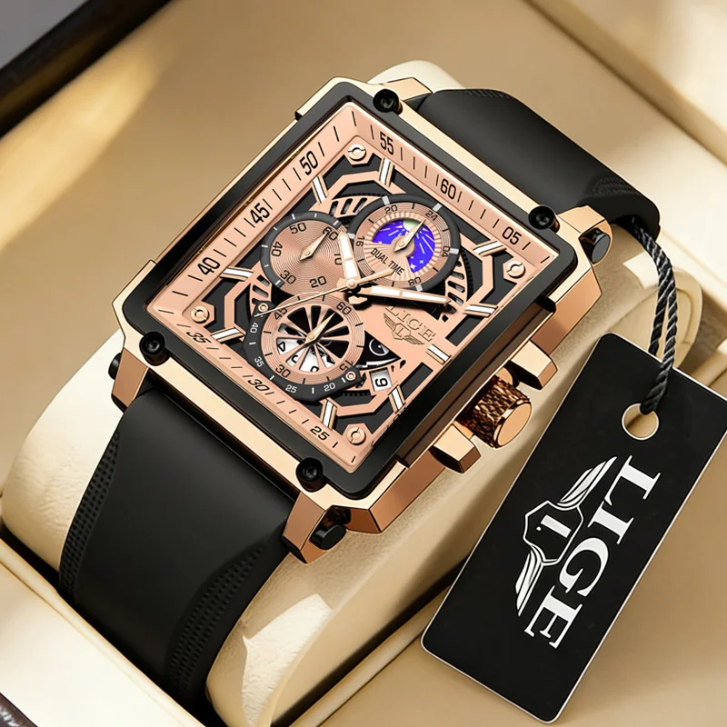 LUIK herenhorloges siliconen band militaire chronograaf waterdicht vierkant herenhorloge topmerk luxe analoog quartz horloge + doos
