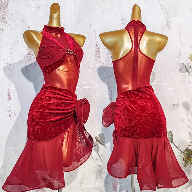 

Женское платье для латинских танцев, красный танцевальный костюм без рукавов, одежда для латинских танцев, сценическая одежда, танцевальная одежда для румбы, тренировочная одежда 3987