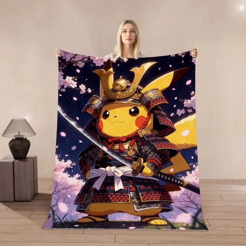 Pikachu Flannel Throw Blanket Coffee Reading Samurai Sakura Christmas Sled Halloween Witch Pumpkin Print Soft Warm Nap Sofa Bed