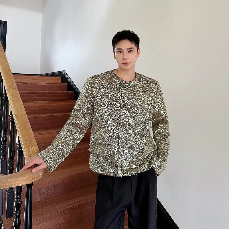 Mens Sparkling Sequin Jacket Loose Fit Cropped Stage Performance Outerwear Designed for Dancers Musicians and Party Outfits