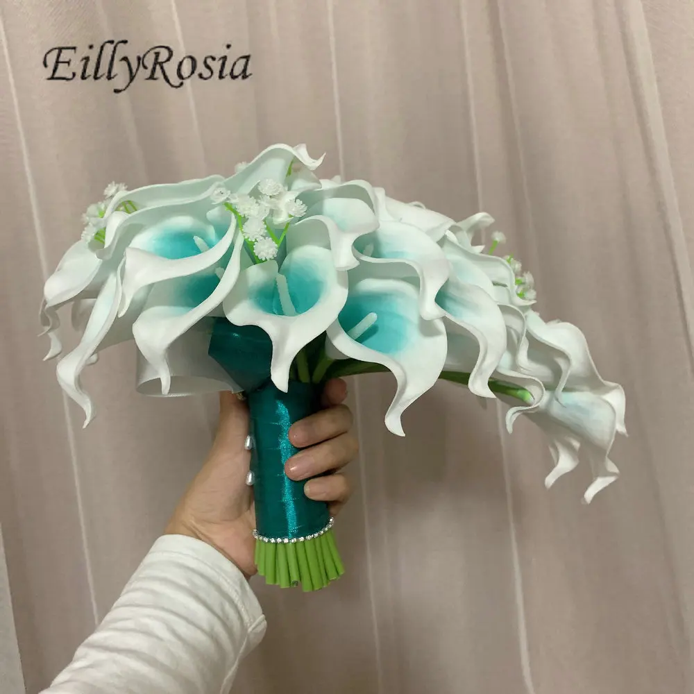 EillyRosia T Blue Cascading Bridal Bouquet with Gypsophila Silk Ribbon Calla Lily Waterfall Wedding Flowers Unique Design New