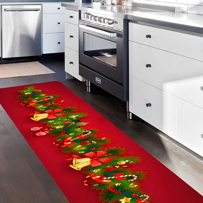 1pc Christmas Themed Long Hallway Runner Rug, Winter Red Area Rug, Snowflake Bell Pine Tree Standing Mat, Soft Anti-Slip, Run