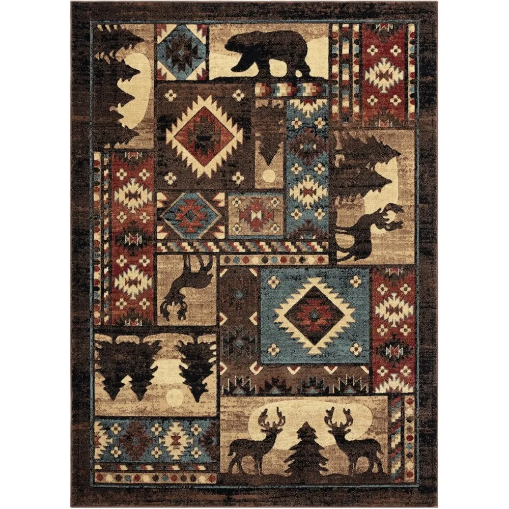 

Buffalo Bear Rustic Area Rug, Brown/Red, 5'2"x7'2", Rectangular The brown carpet is laid throughout the living room