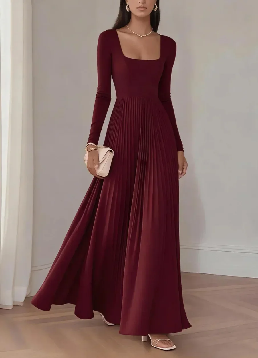 Modisches Maxikleid mit eckigem Ausschnitt, langen Ärmeln, enganliegendem Oberteil, hoher Taille und plissierter Rockpartie – Kleid für Hochzeitsgäste – Detail 7