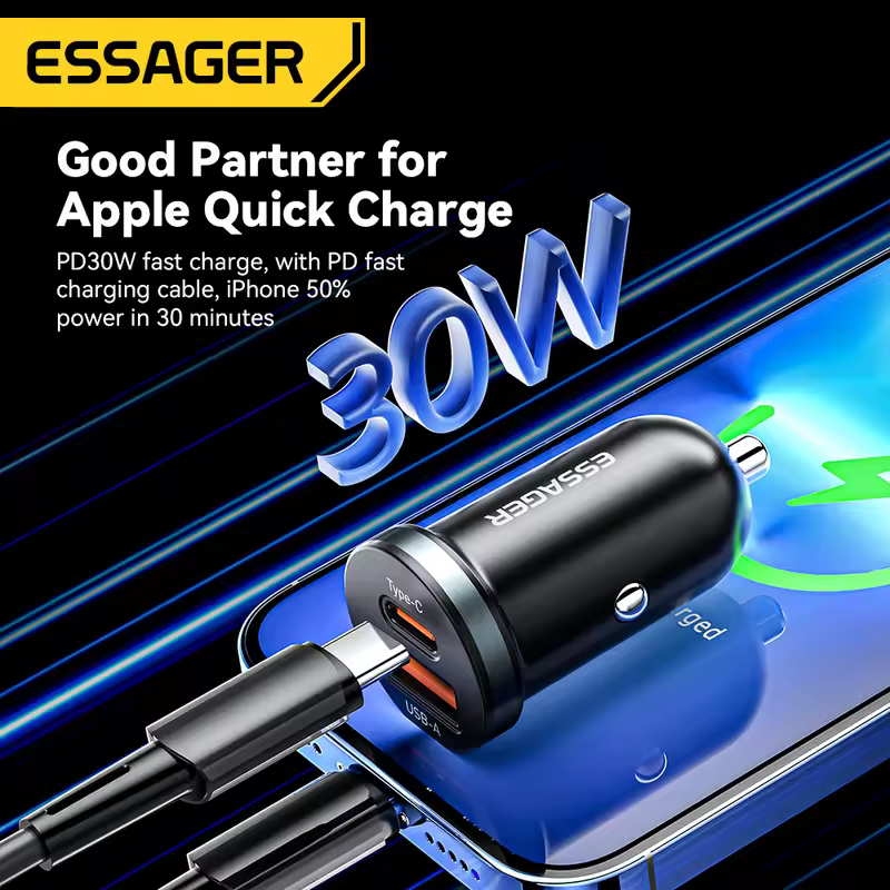 Essager 30W USB C Car Charger Type C Quick Charger PD QC 3.0 SCP 5A Fast Charging Car Phone Charge For iPhone Xiaomi Samsung - Image 2